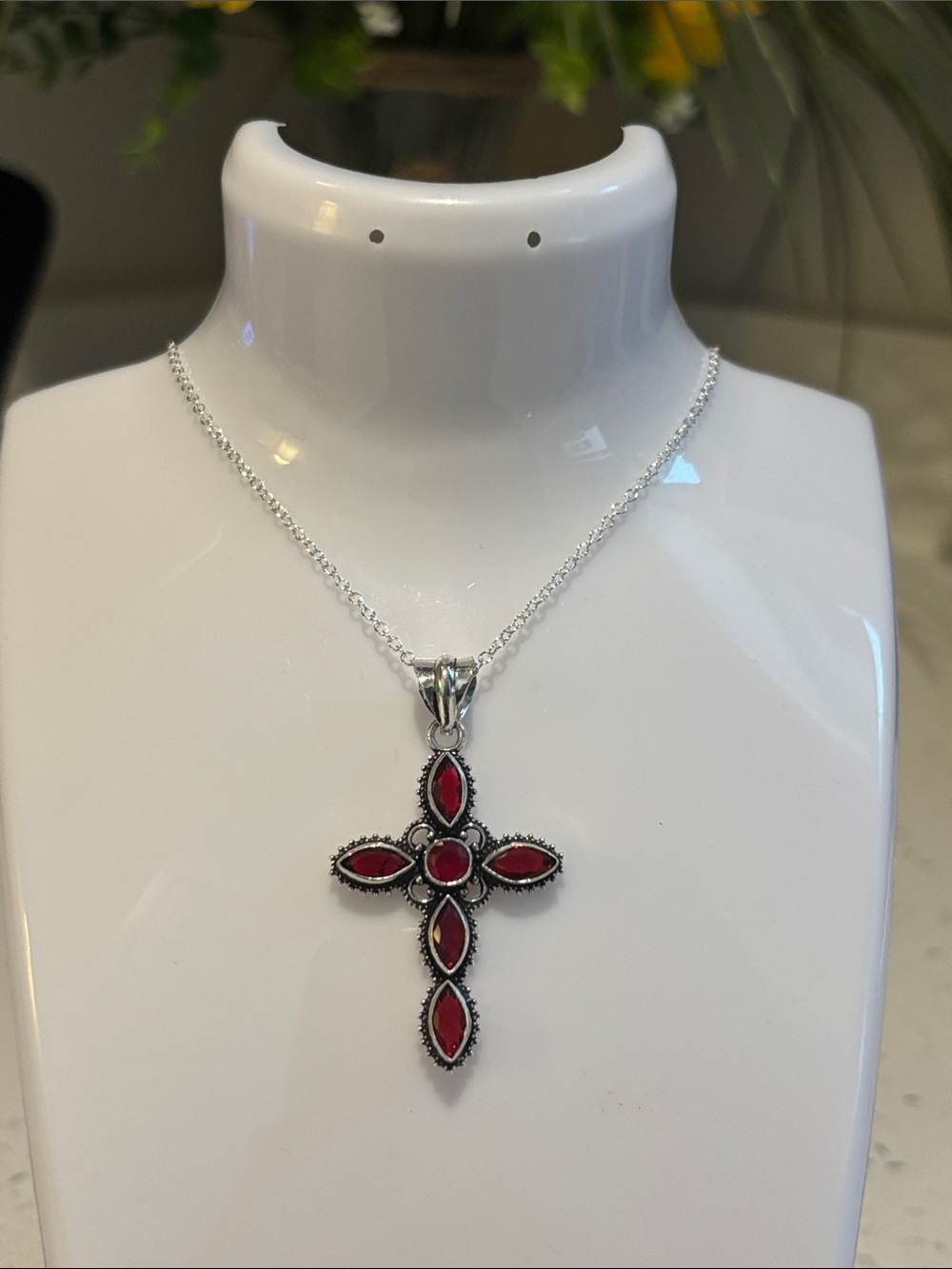 Sterling Silver Red Garnet Cross Gemstone Pendant Necklace